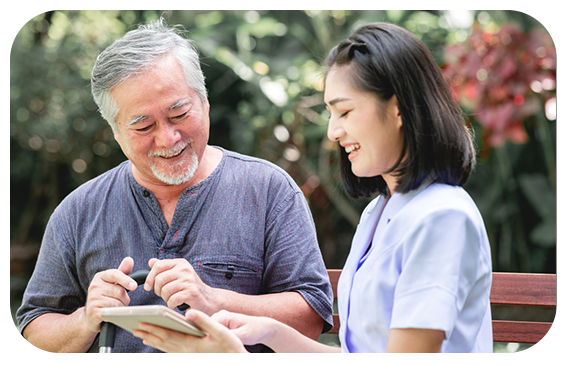 Patient with tablet and nurse COPD